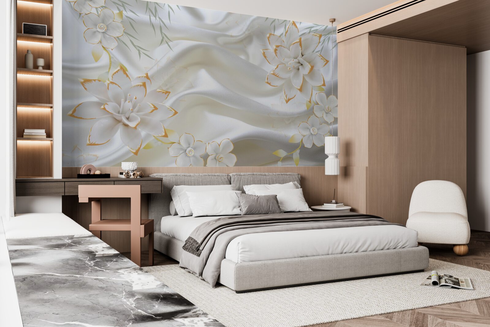 Fotobehang gouden patronen en bloemen op witte zijde