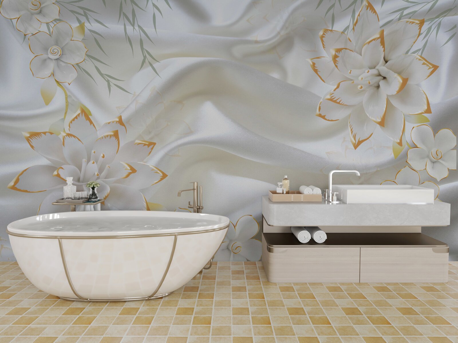 Fotobehang gouden patronen en bloemen op witte zijde