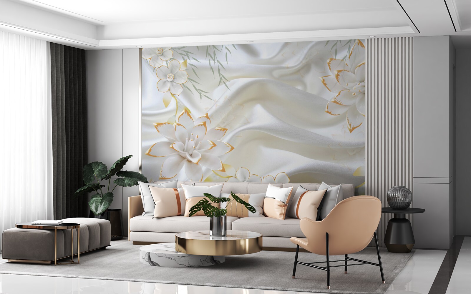 Fotobehang gouden patronen en bloemen op witte zijde