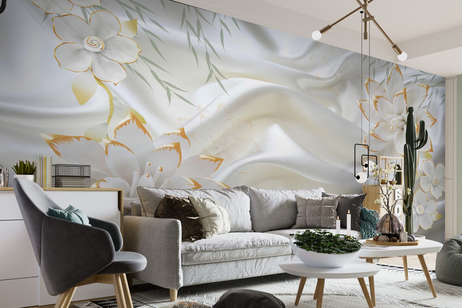 Fotobehang gouden patronen en bloemen op witte zijde