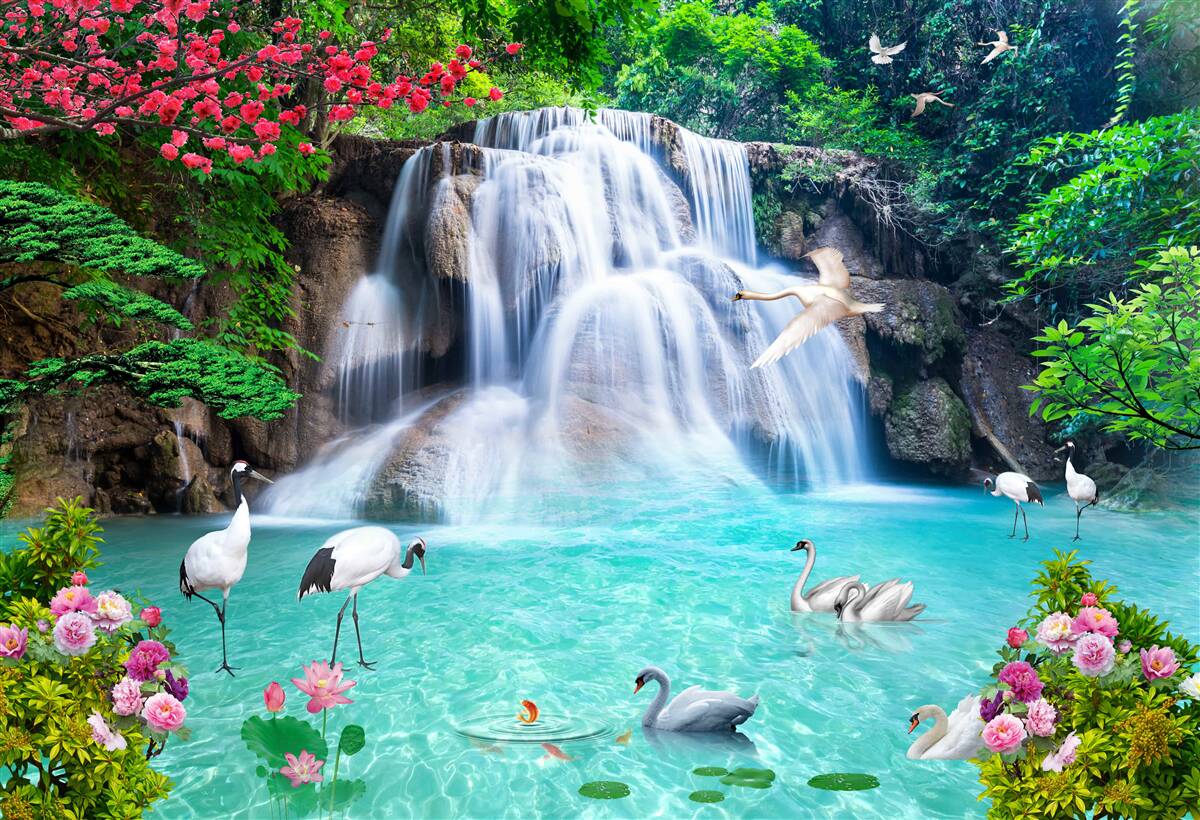 Fotobehang luidruchtige waterval en zwanen in het blauwe water