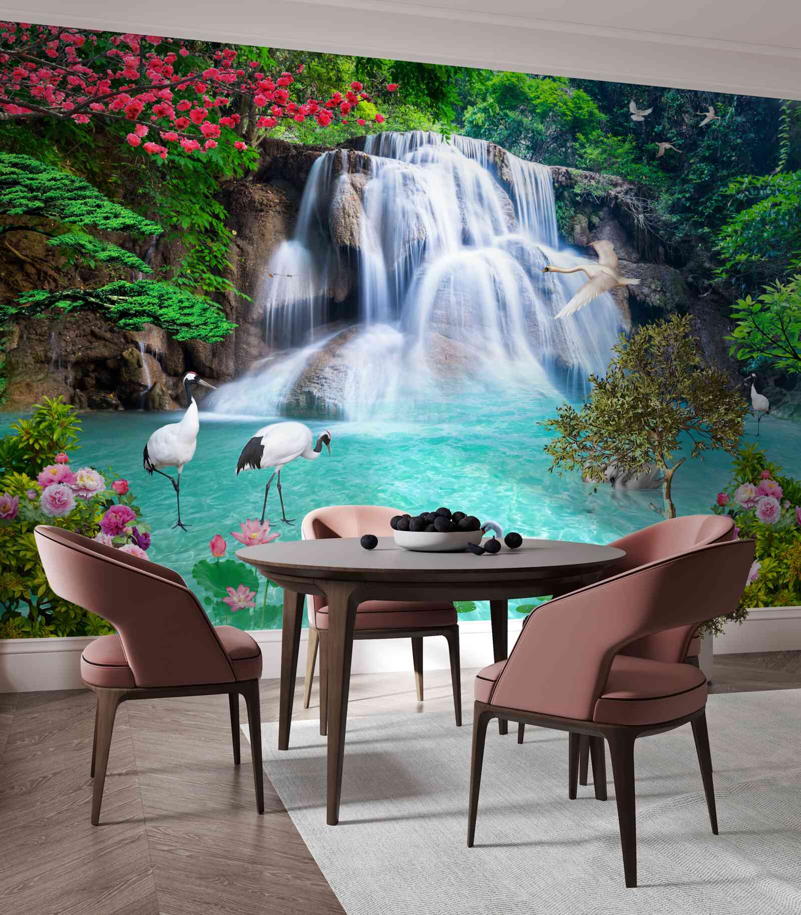 Fotobehang luidruchtige waterval en zwanen in het blauwe water