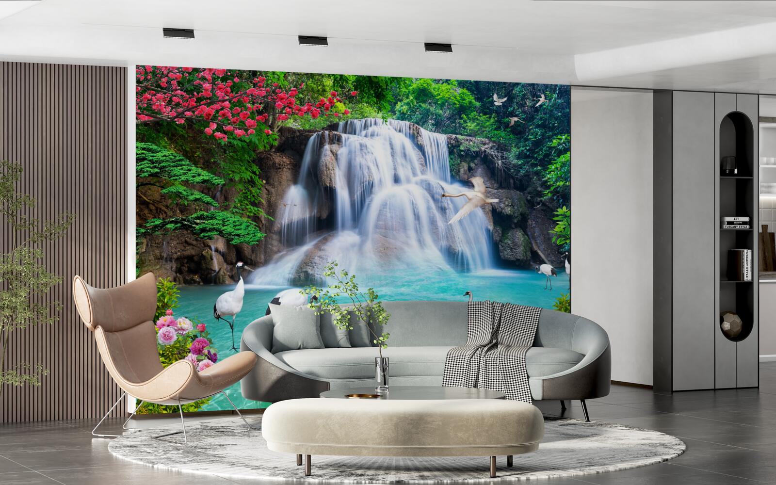 Fotobehang luidruchtige waterval en zwanen in het blauwe water