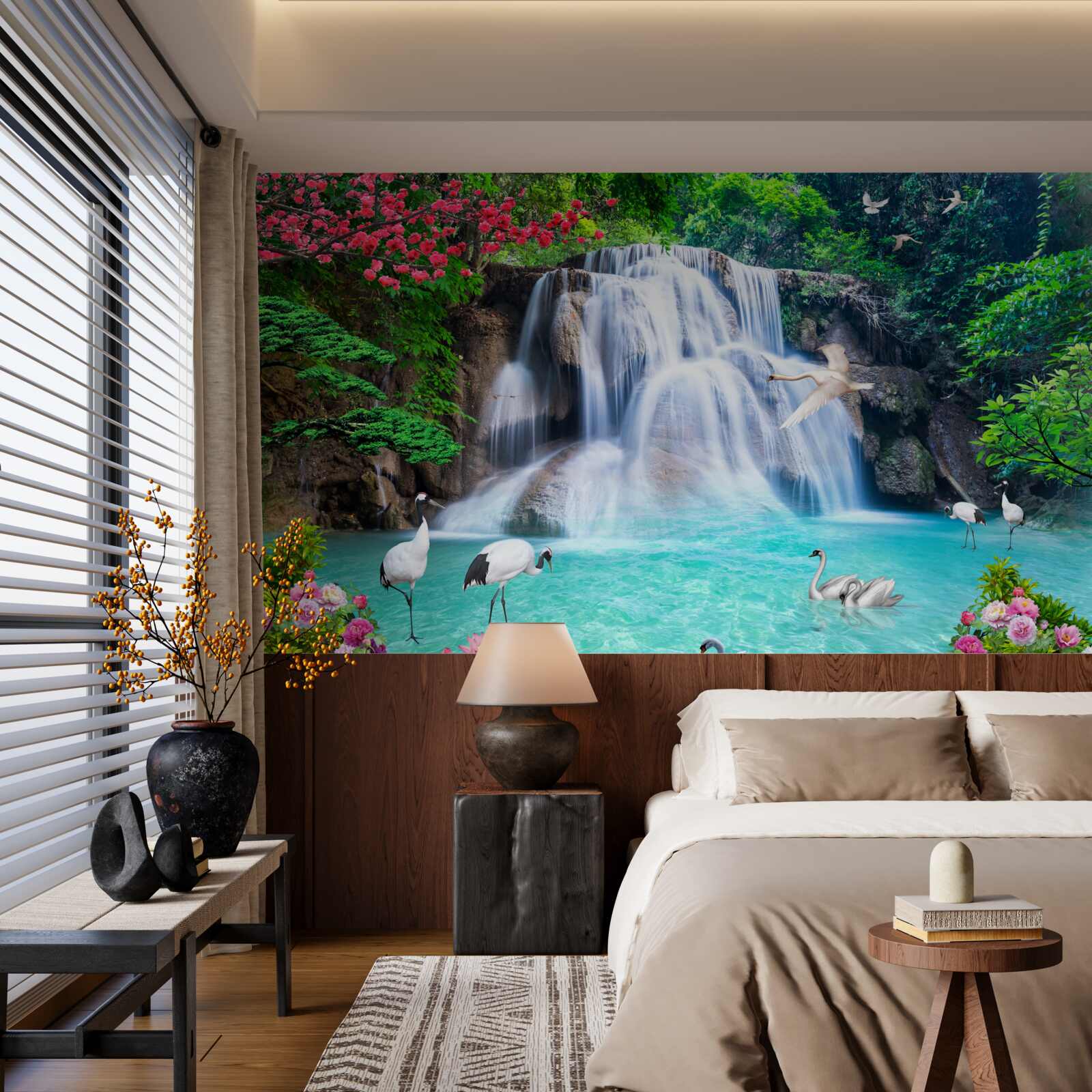 Fotobehang luidruchtige waterval en zwanen in het blauwe water