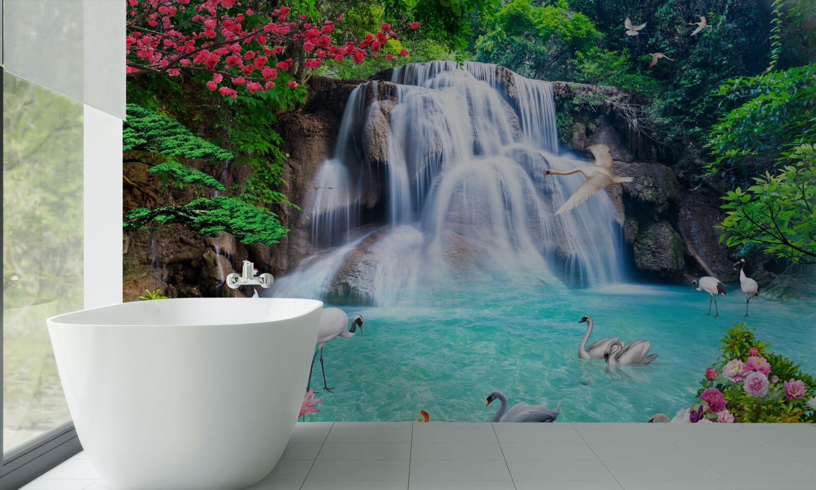 Fotobehang luidruchtige waterval en zwanen in het blauwe water