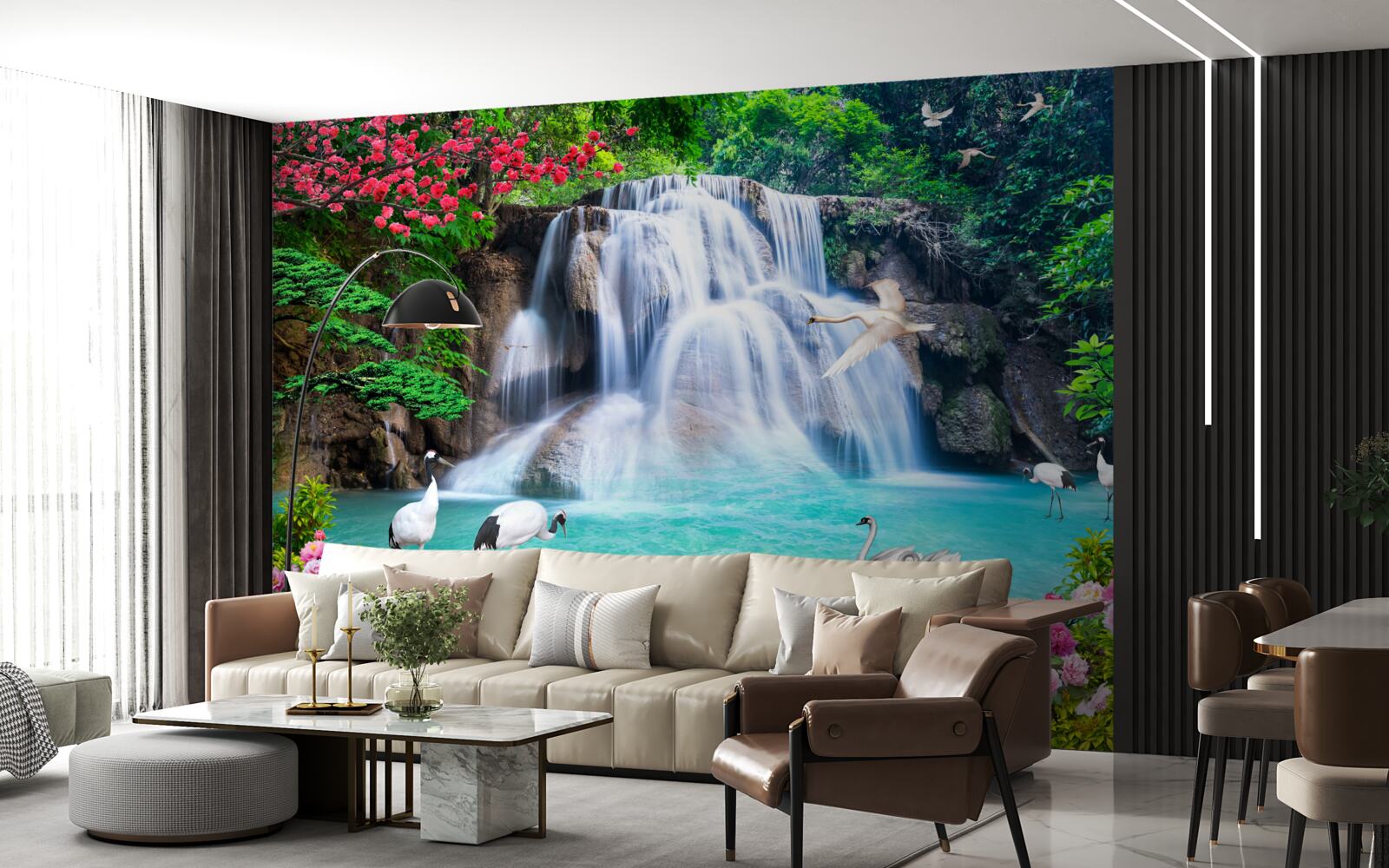 Fotobehang luidruchtige waterval en zwanen in het blauwe water