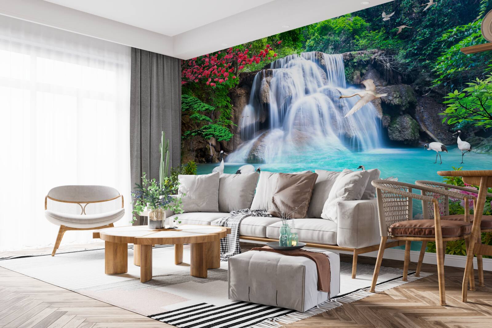 Fotobehang luidruchtige waterval en zwanen in het blauwe water