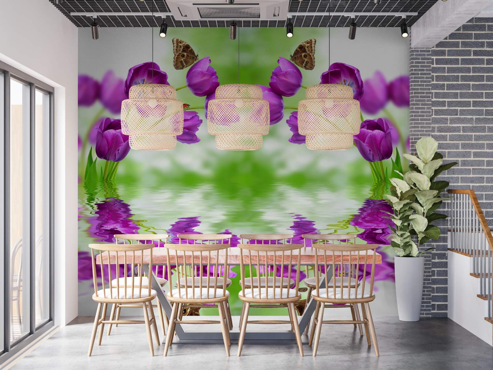 Fotobehang de bloemen weerspiegelen de vlinders die erop rusten in het water