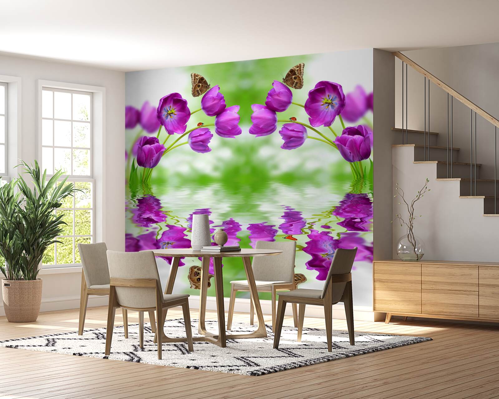 Fotobehang de bloemen weerspiegelen de vlinders die erop rusten in het water