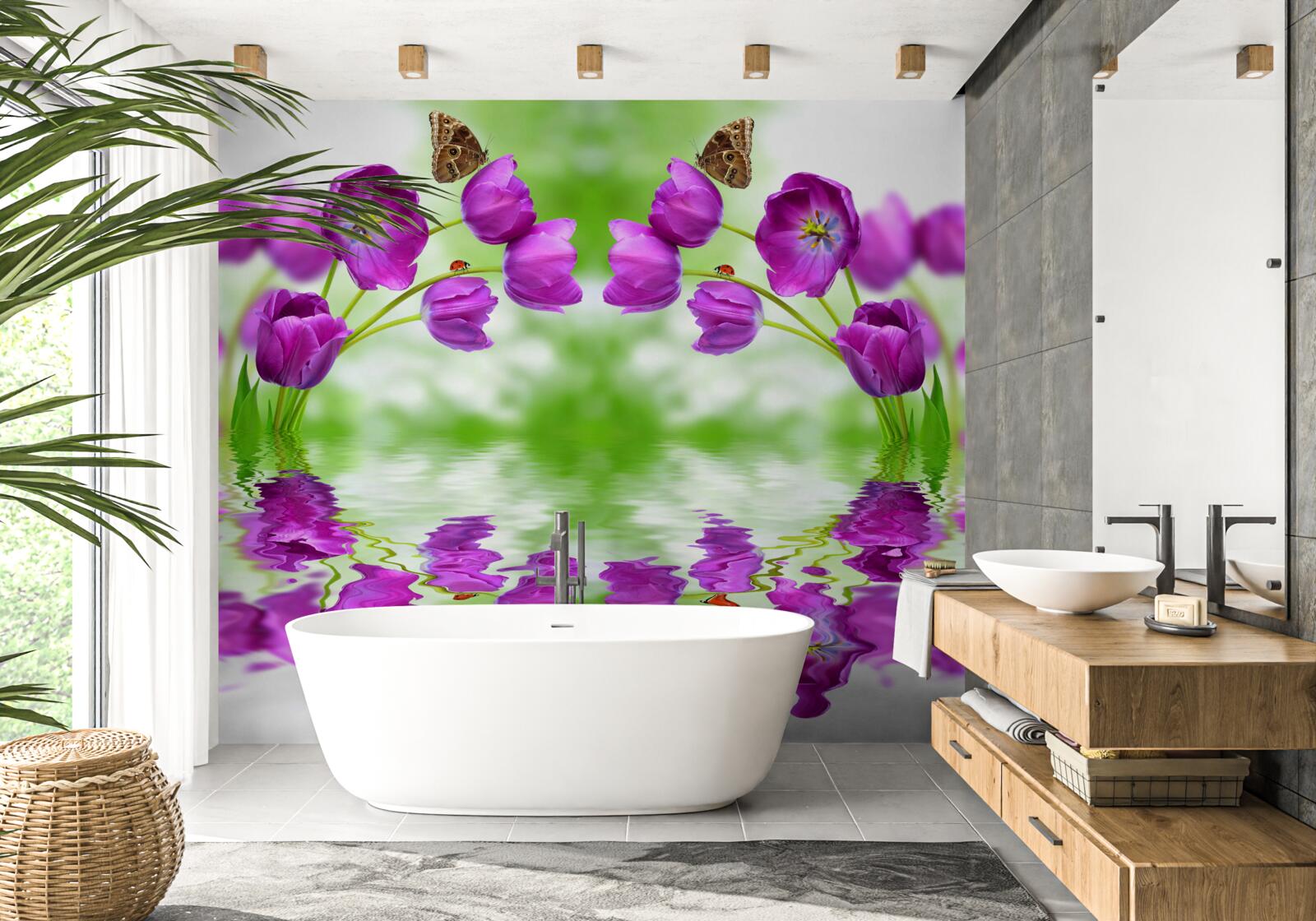 Fotobehang de bloemen weerspiegelen de vlinders die erop rusten in het water