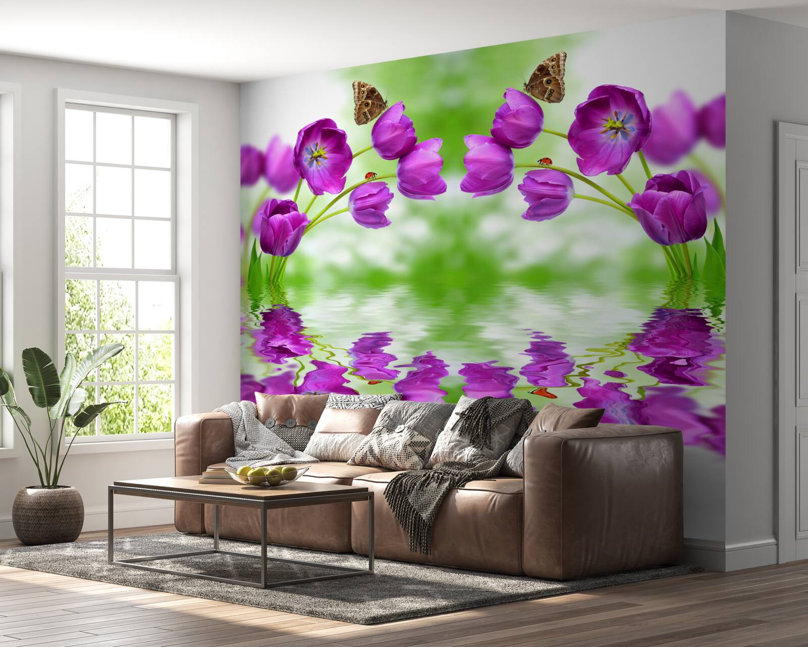 Fotobehang de bloemen weerspiegelen de vlinders die erop rusten in het water