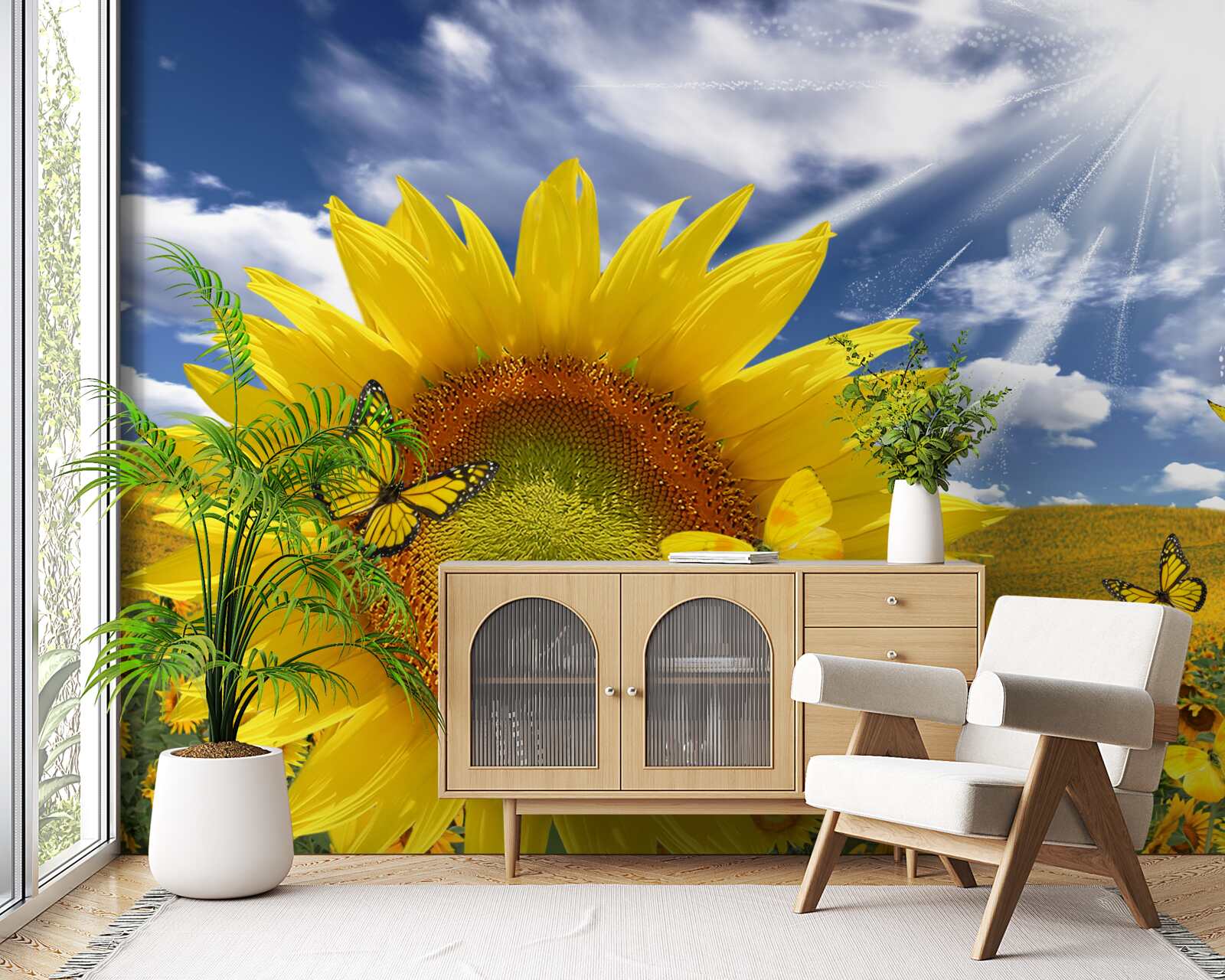 Fotobehang gouden vlinders zweven in de blauwe lucht boven een veld zonnebloemen