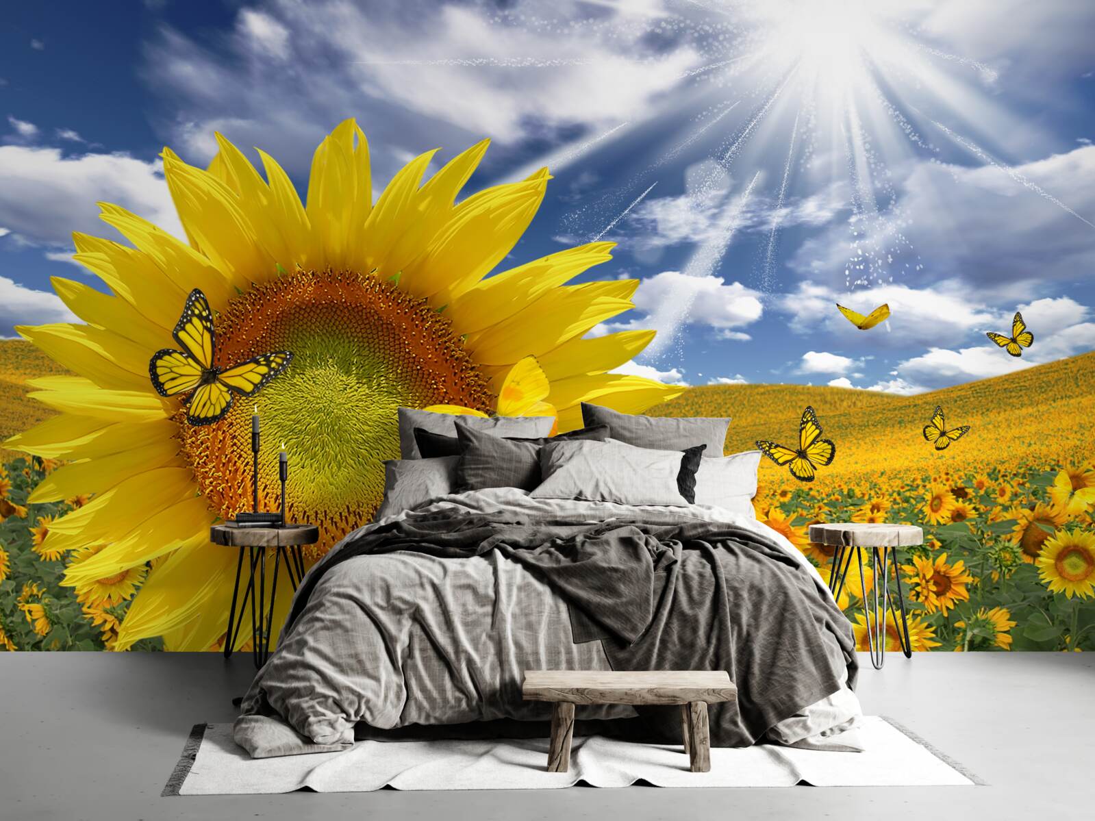 Fotobehang gouden vlinders zweven in de blauwe lucht boven een veld zonnebloemen