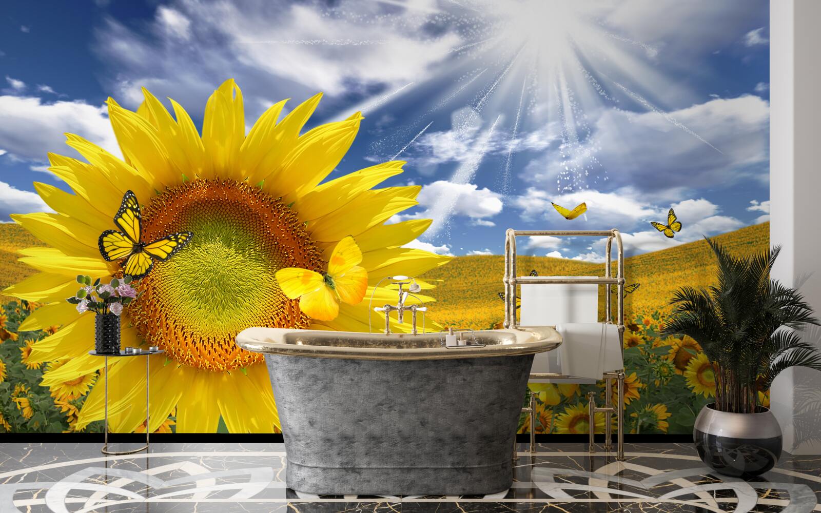 Fotobehang gouden vlinders zweven in de blauwe lucht boven een veld zonnebloemen