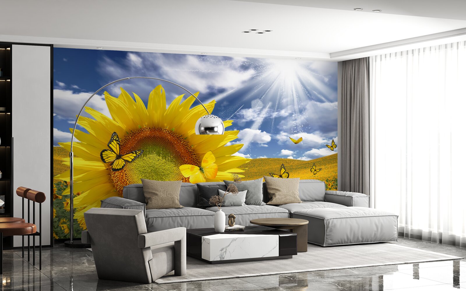 Fotobehang gouden vlinders zweven in de blauwe lucht boven een veld zonnebloemen