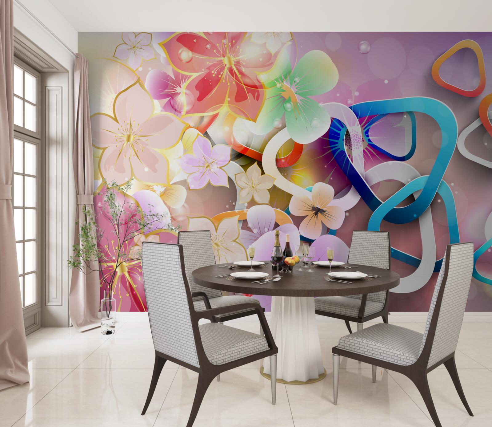 Fotobehang bloemen in een rijke kleur en patroon met gouden accenten