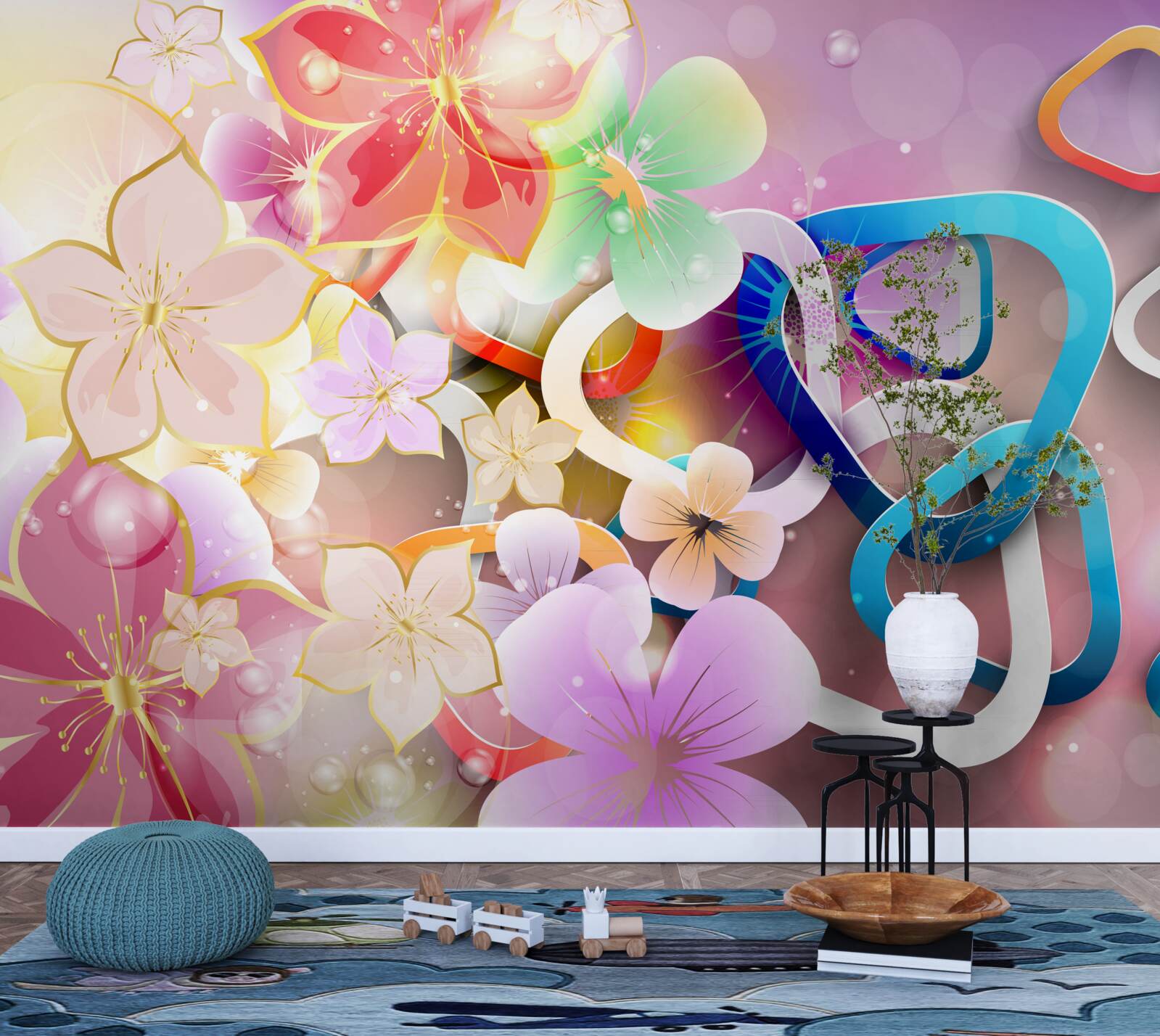 Fotobehang bloemen in een rijke kleur en patroon met gouden accenten