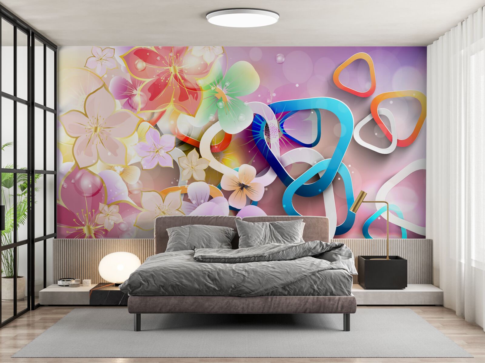 Fotobehang bloemen in een rijke kleur en patroon met gouden accenten