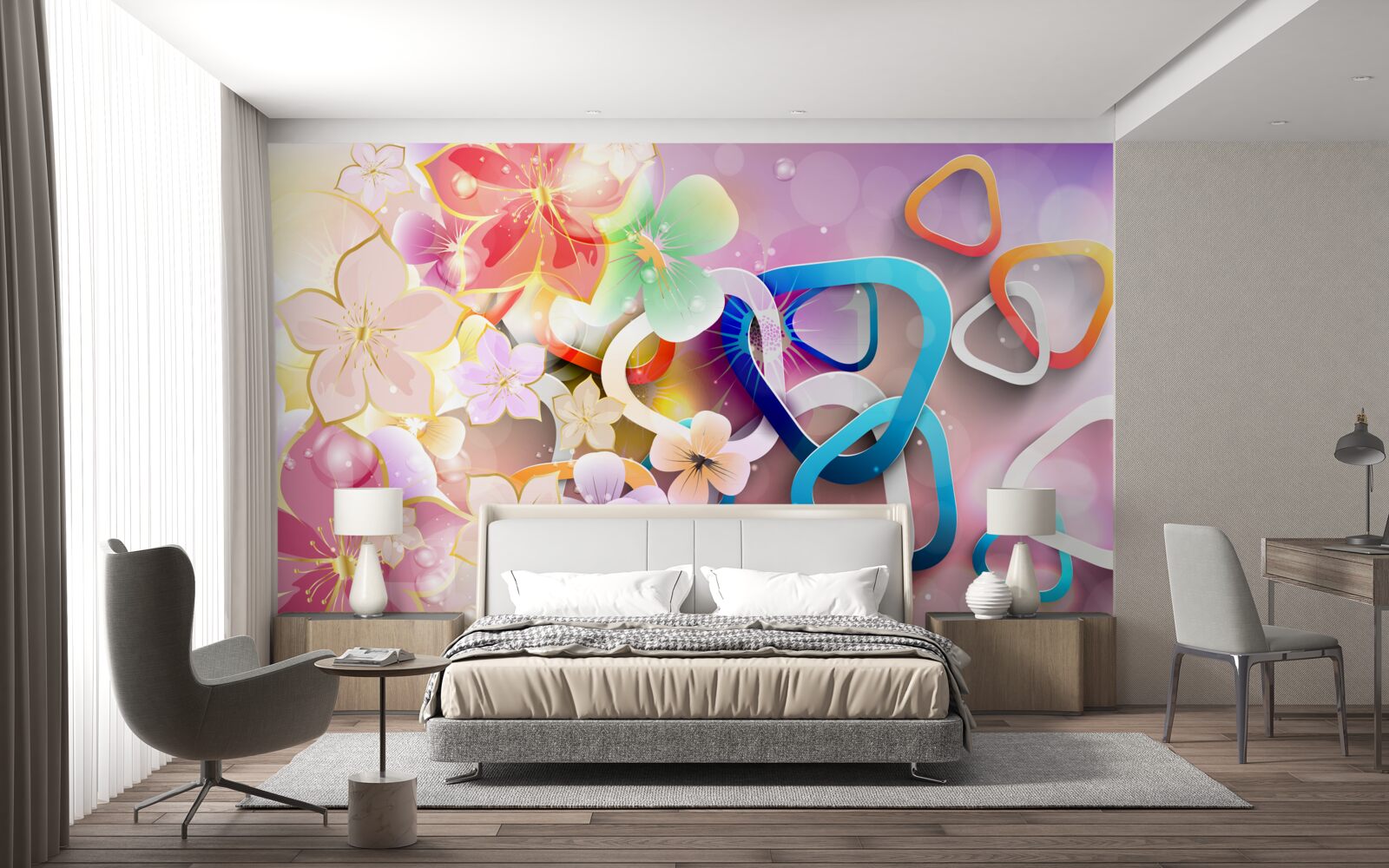 Fotobehang bloemen in een rijke kleur en patroon met gouden accenten