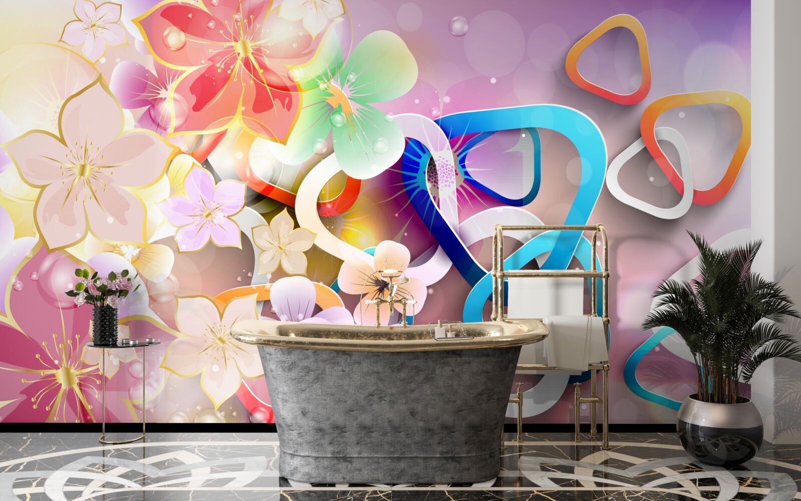 Fotobehang bloemen in een rijke kleur en patroon met gouden accenten