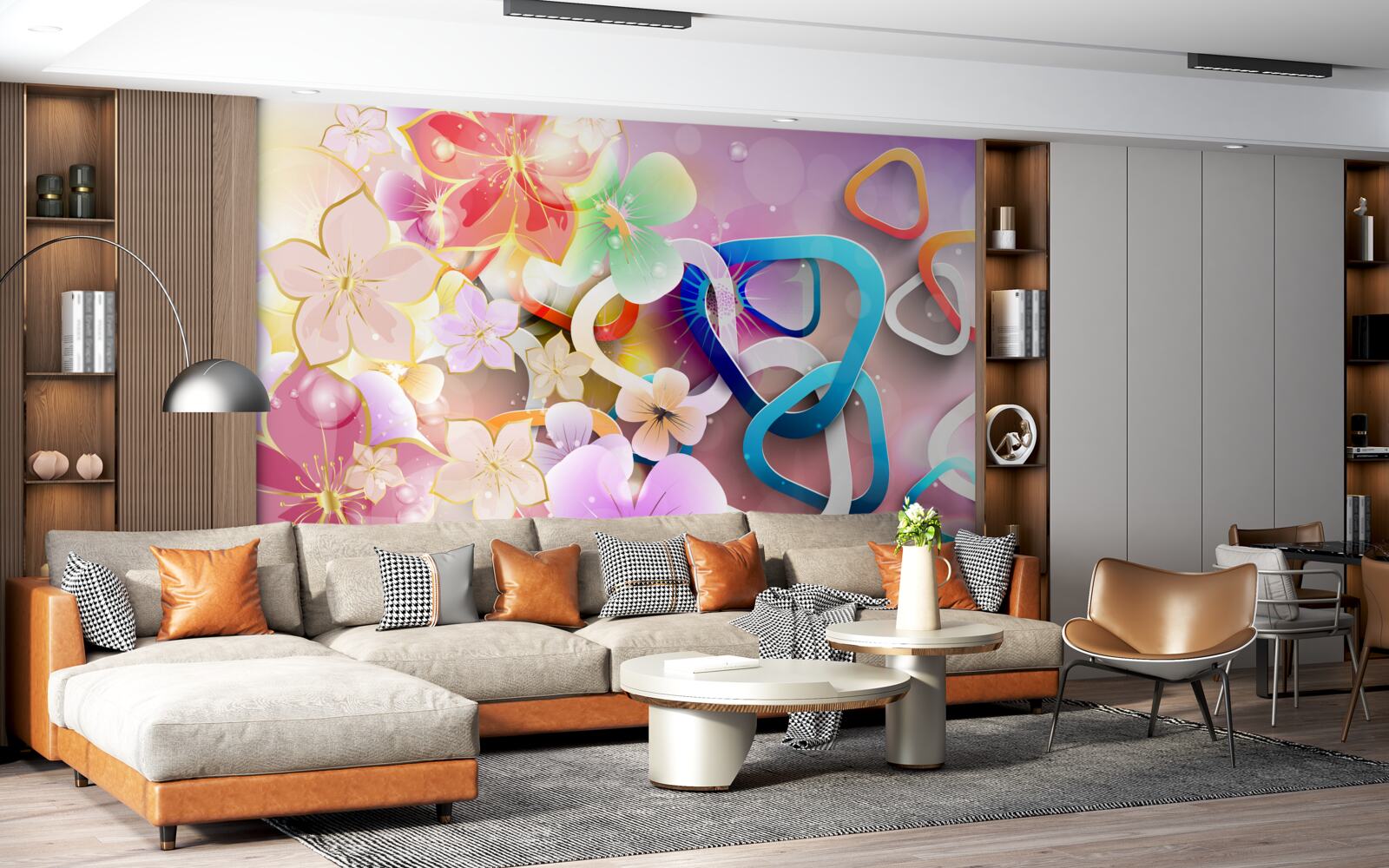 Fotobehang bloemen in een rijke kleur en patroon met gouden accenten