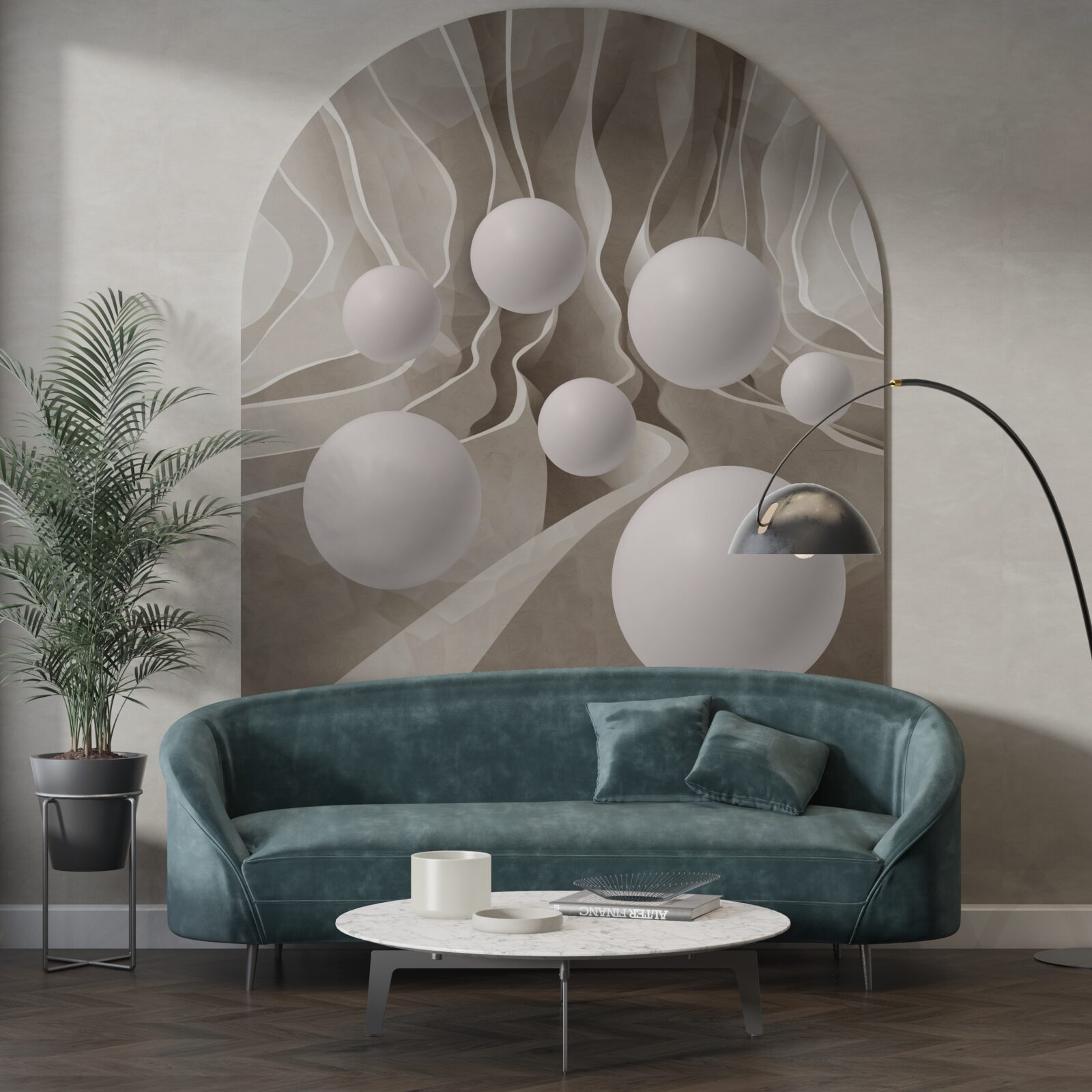 Fotobehang gladde witte ballen in een cirkelvormige doorgang