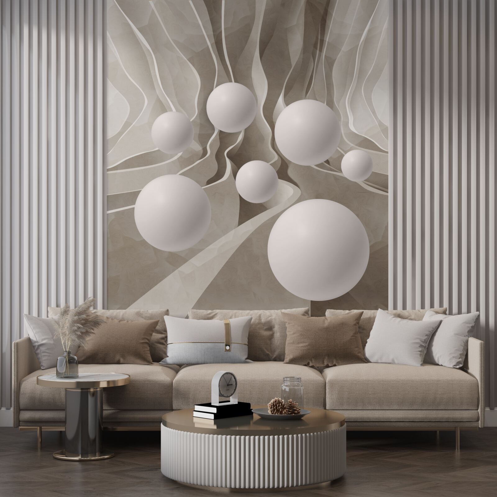 Fotobehang gladde witte ballen in een cirkelvormige doorgang