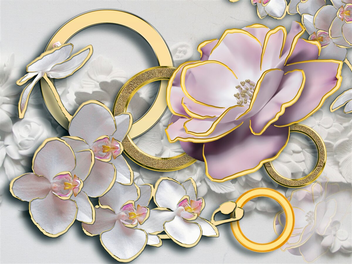 Fotobehang stralende en gouden bloemen in de lucht