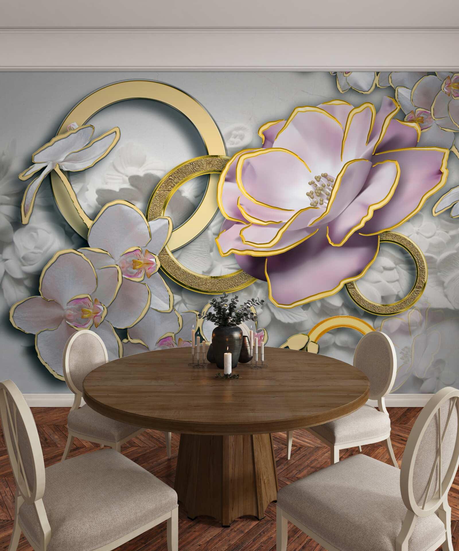 Fotobehang stralende en gouden bloemen in de lucht