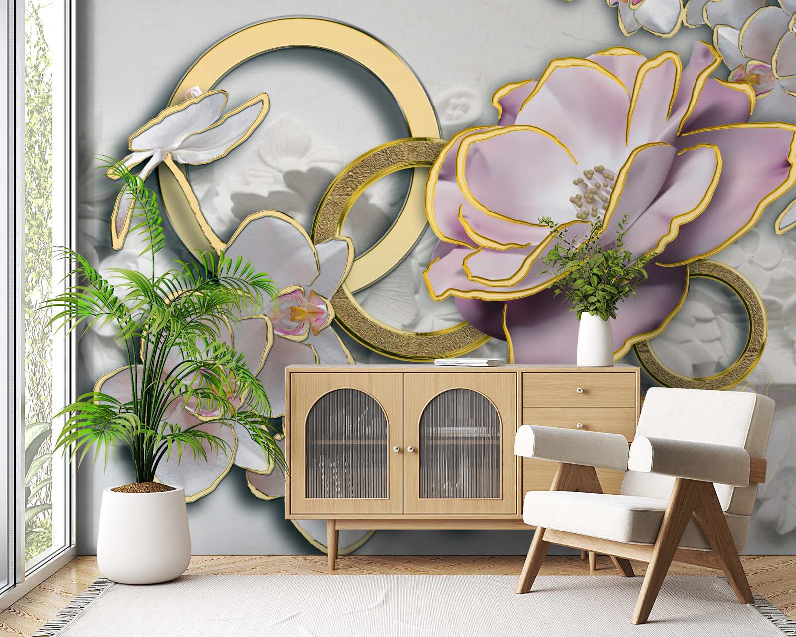 Fotobehang stralende en gouden bloemen in de lucht