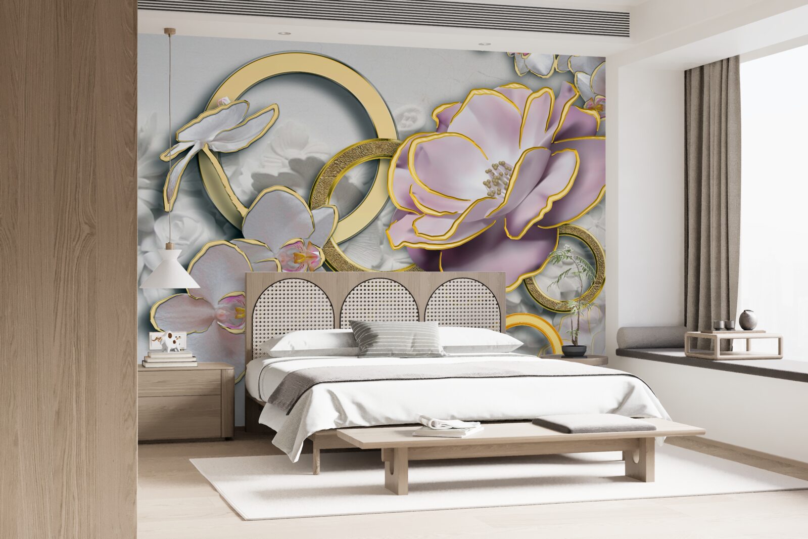 Fotobehang stralende en gouden bloemen in de lucht