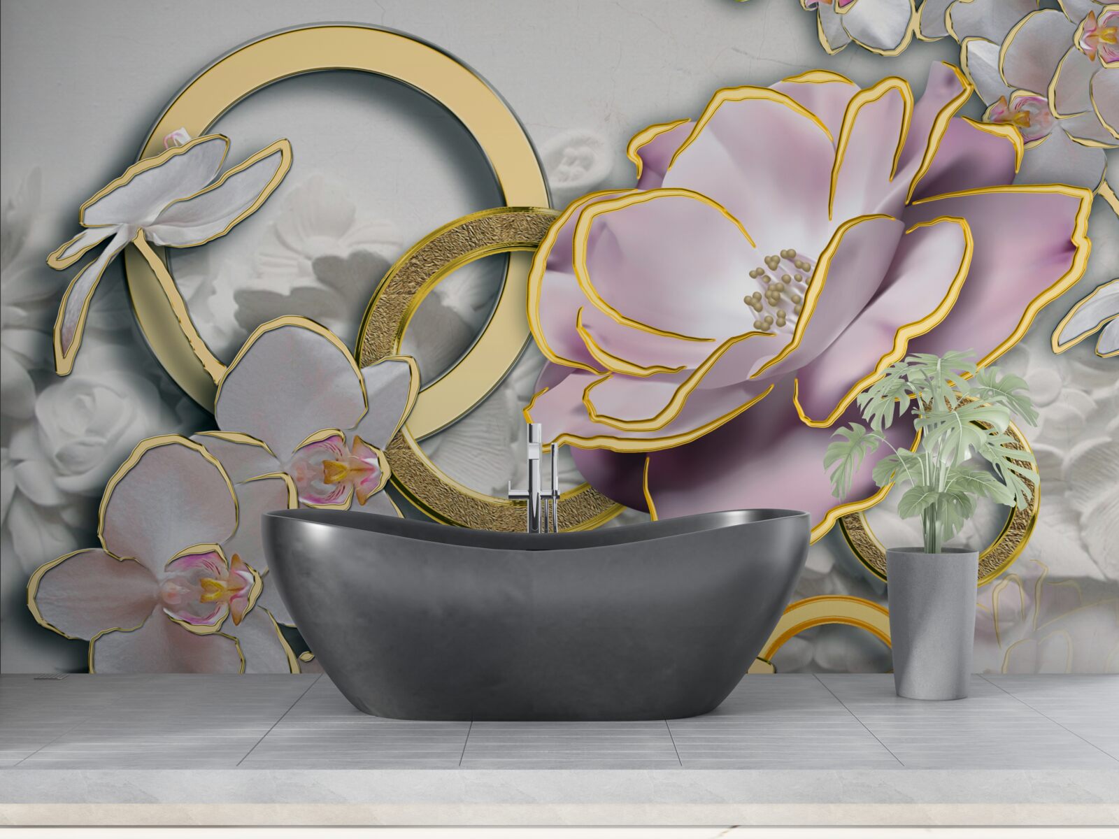 Fotobehang stralende en gouden bloemen in de lucht