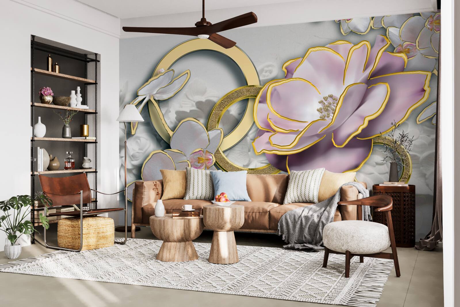 Fotobehang stralende en gouden bloemen in de lucht