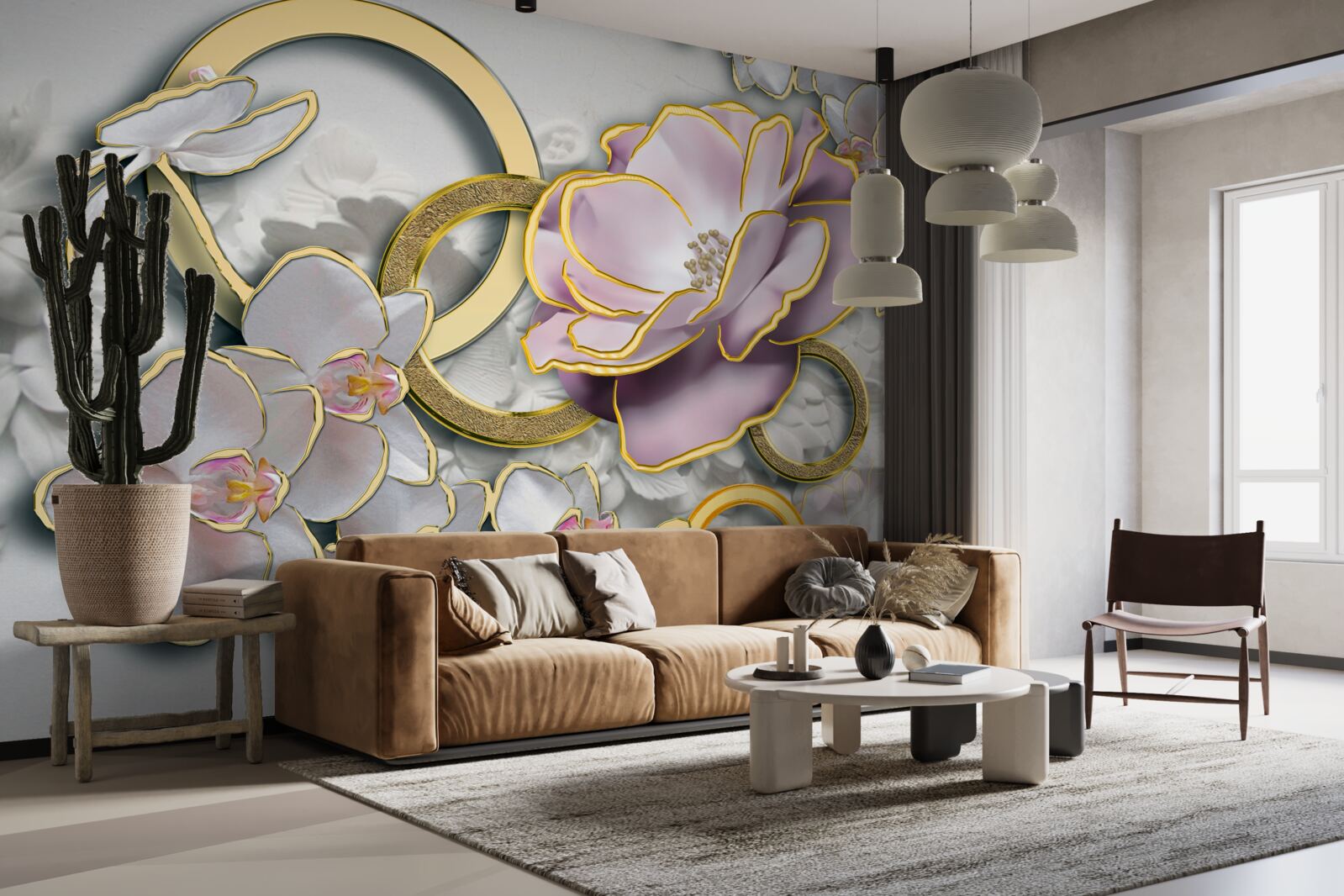 Fotobehang stralende en gouden bloemen in de lucht