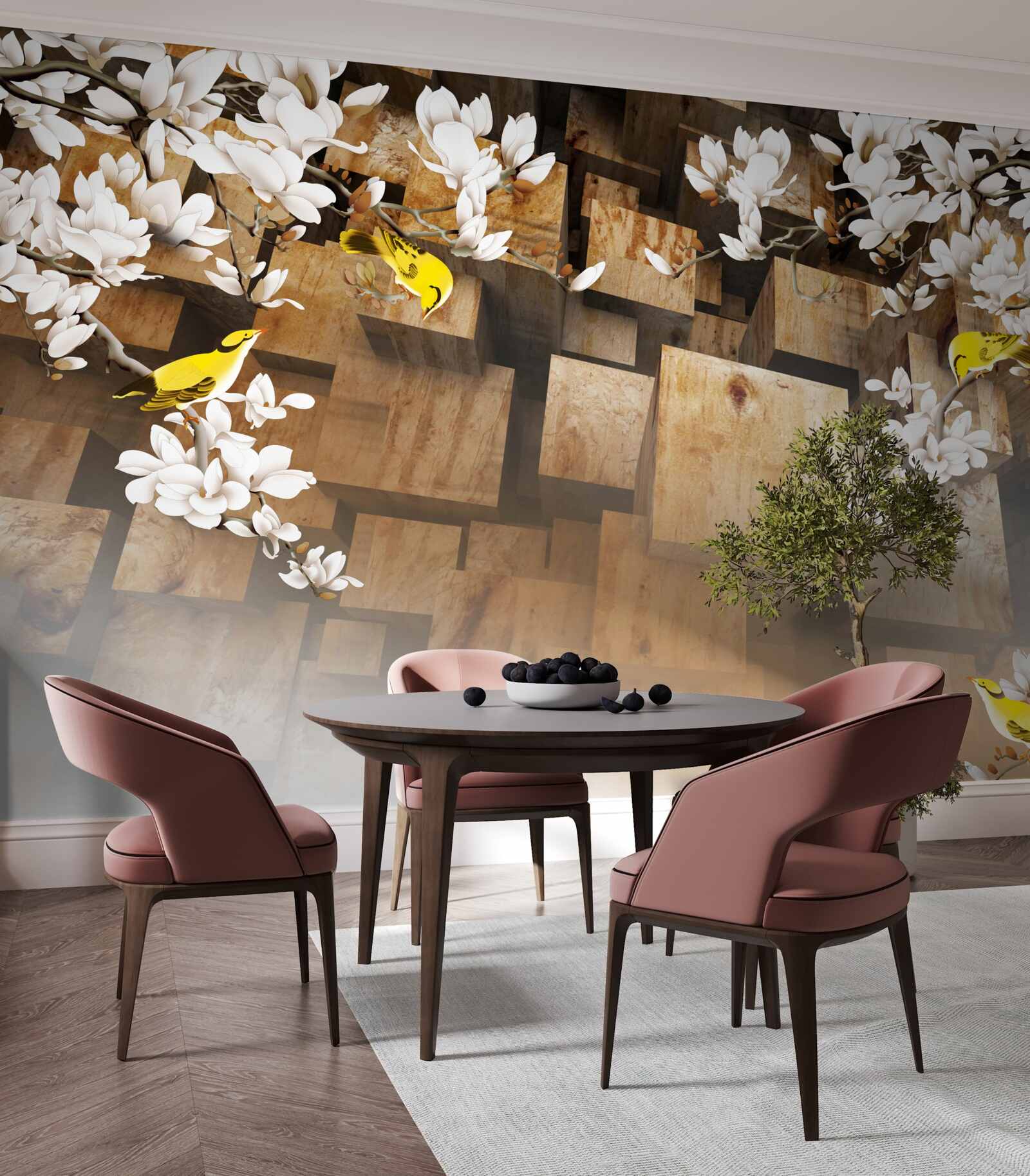 Fotobehang drijvende houten kubussen en witte bloemen