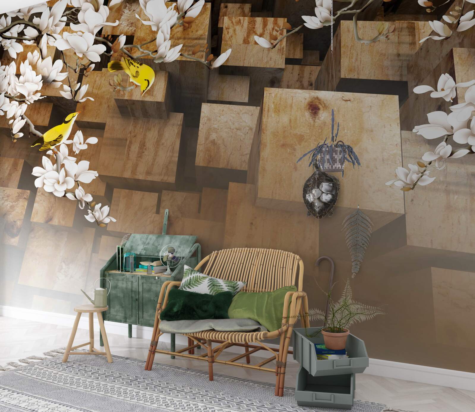 Fotobehang drijvende houten kubussen en witte bloemen