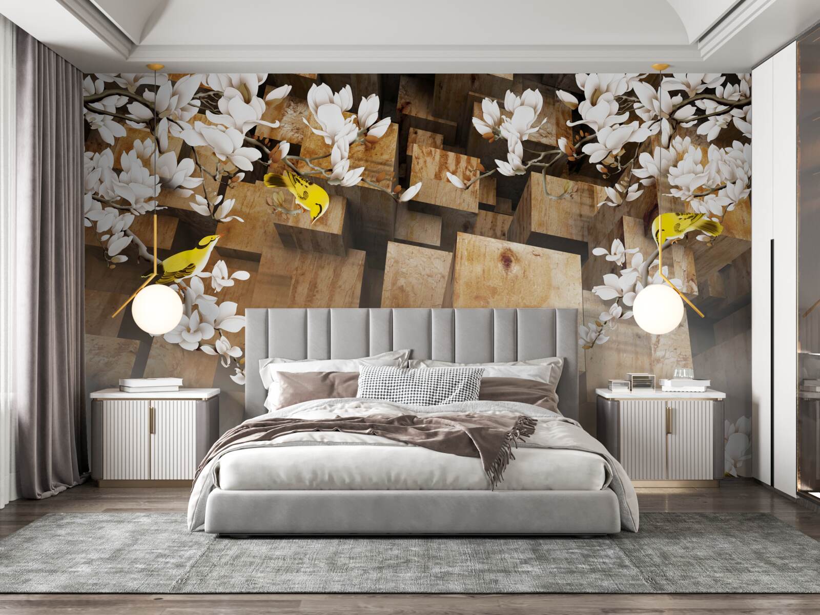 Fotobehang drijvende houten kubussen en witte bloemen