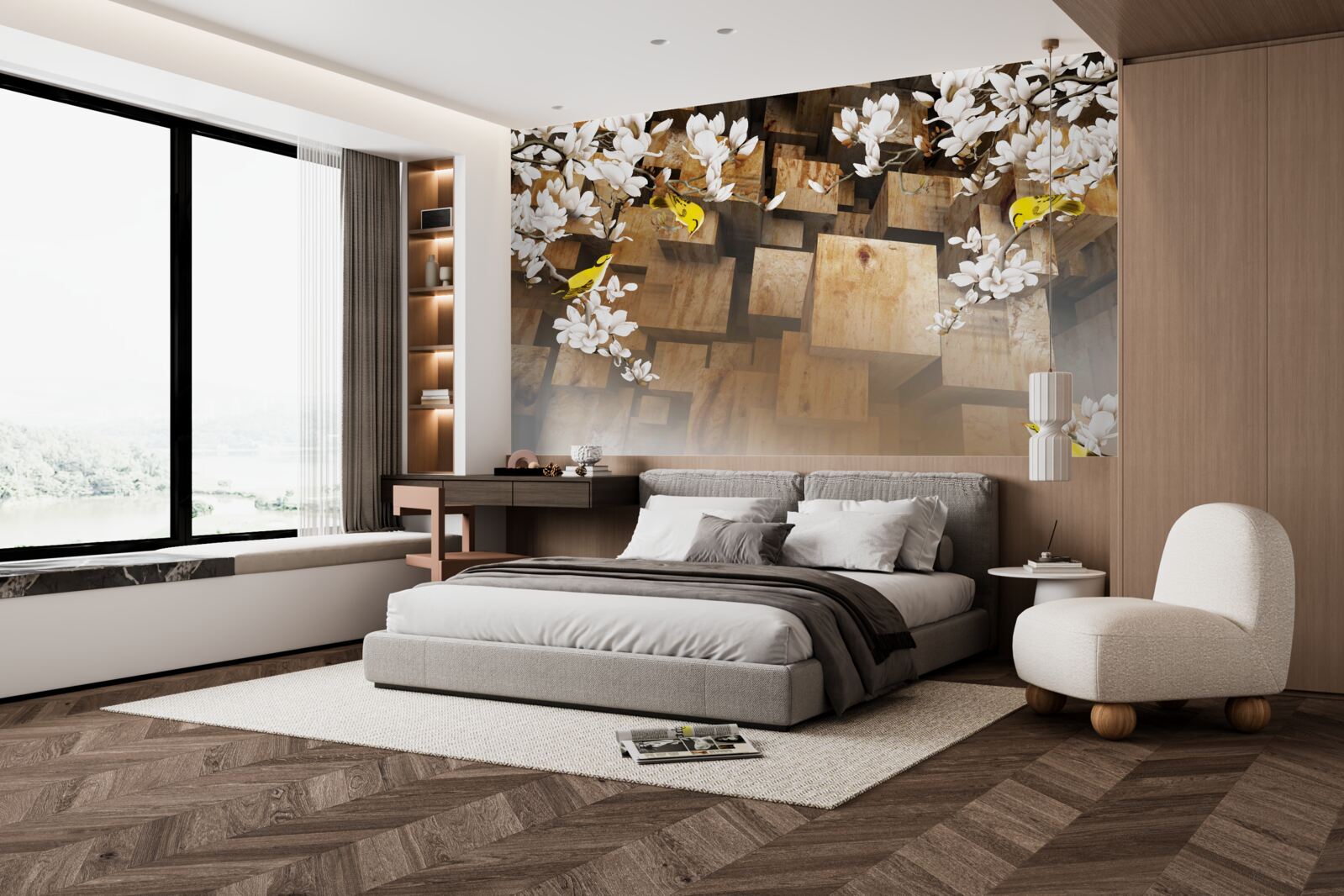 Fotobehang drijvende houten kubussen en witte bloemen