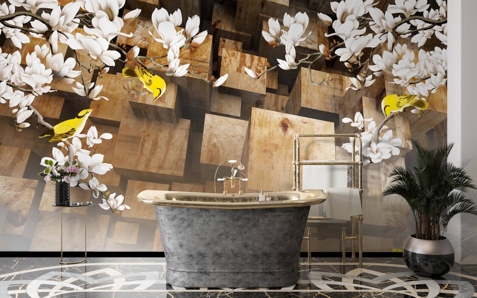 Fotobehang drijvende houten kubussen en witte bloemen