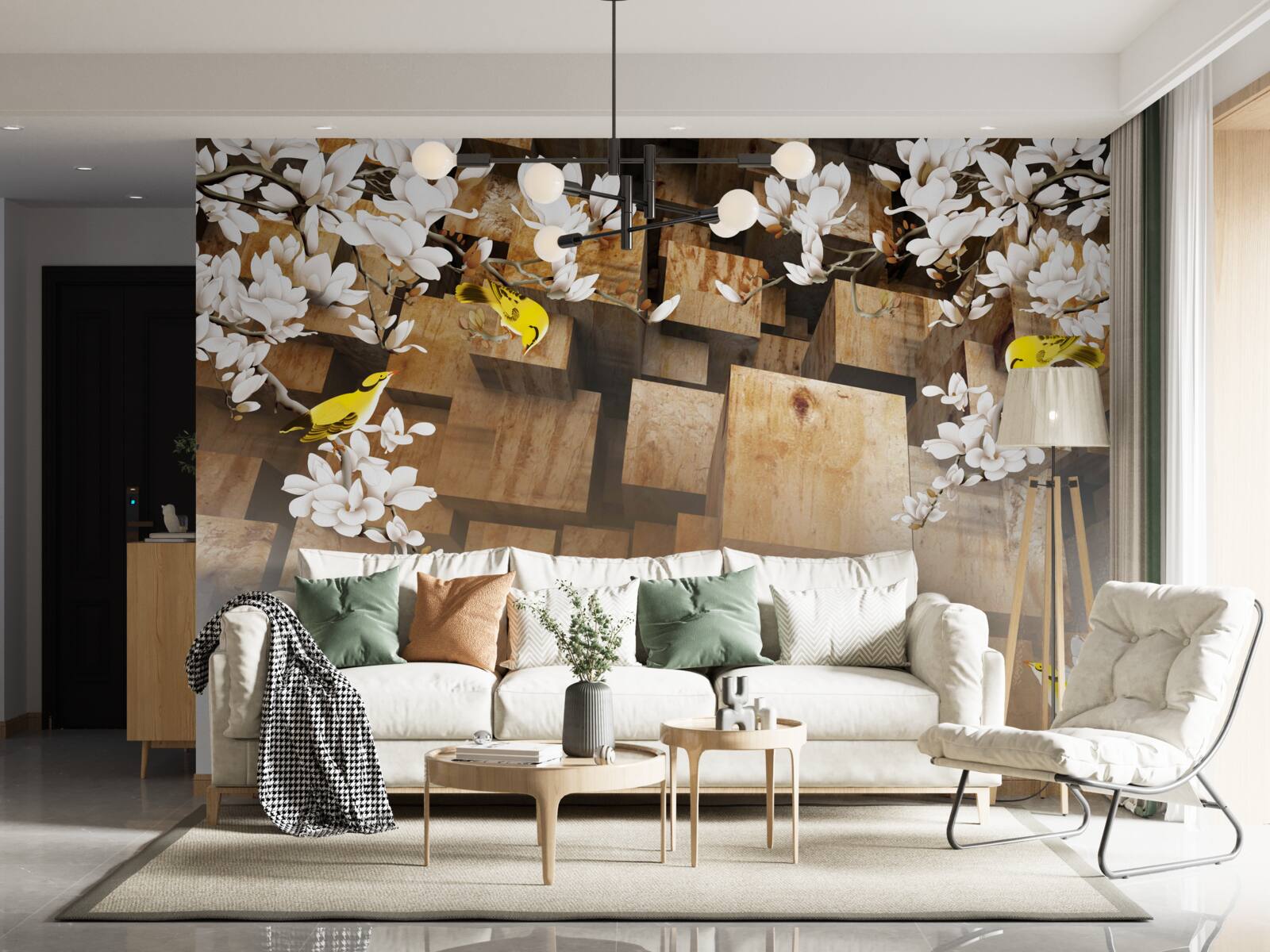 Fotobehang drijvende houten kubussen en witte bloemen