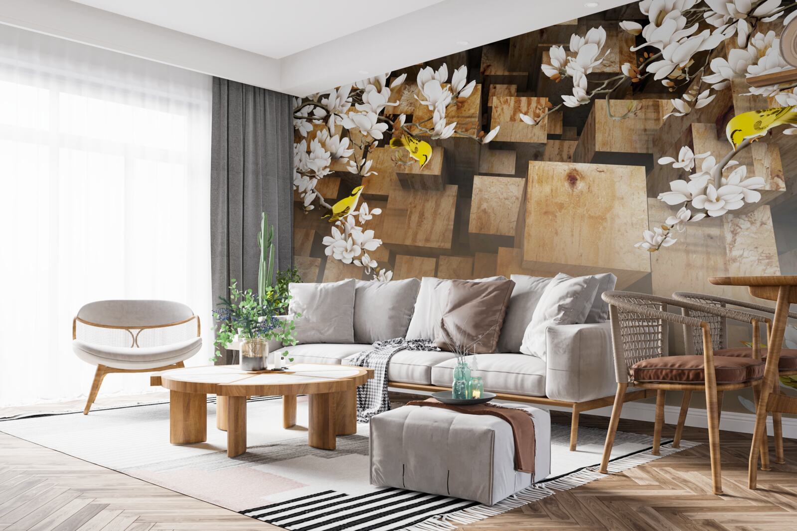 Fotobehang drijvende houten kubussen en witte bloemen