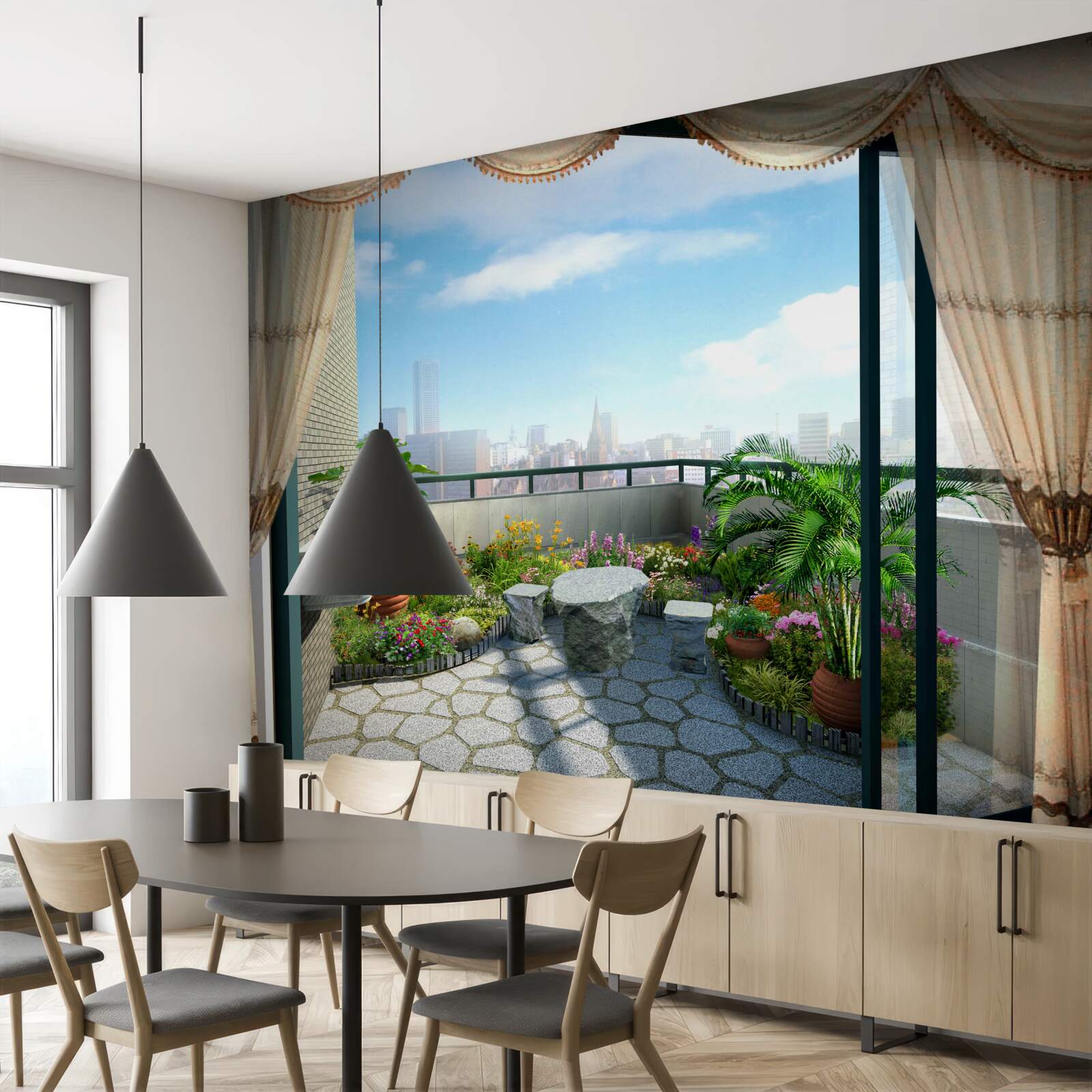 Fotobehang loggia met prachtig uitzicht op de zomerstad