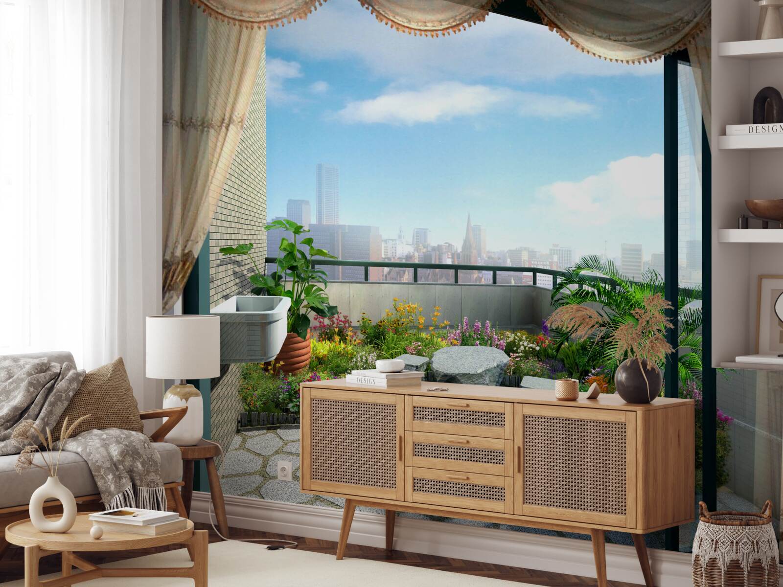 Fotobehang loggia met prachtig uitzicht op de zomerstad