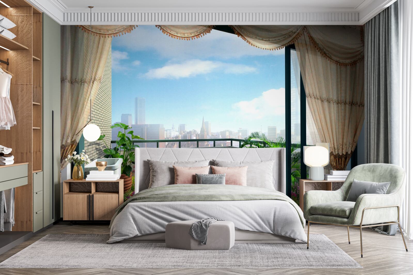 Fotobehang loggia met prachtig uitzicht op de zomerstad