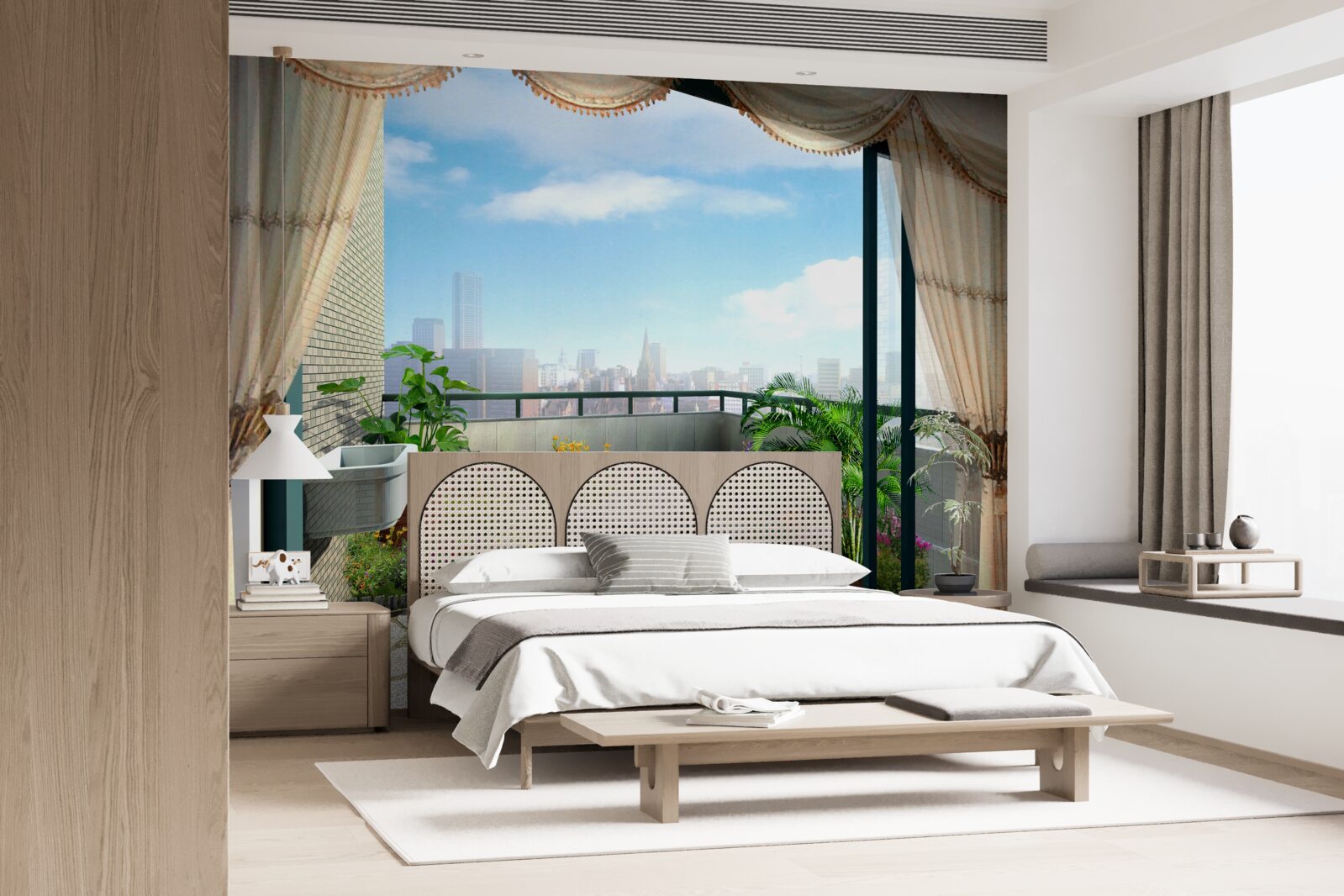 Fotobehang loggia met prachtig uitzicht op de zomerstad