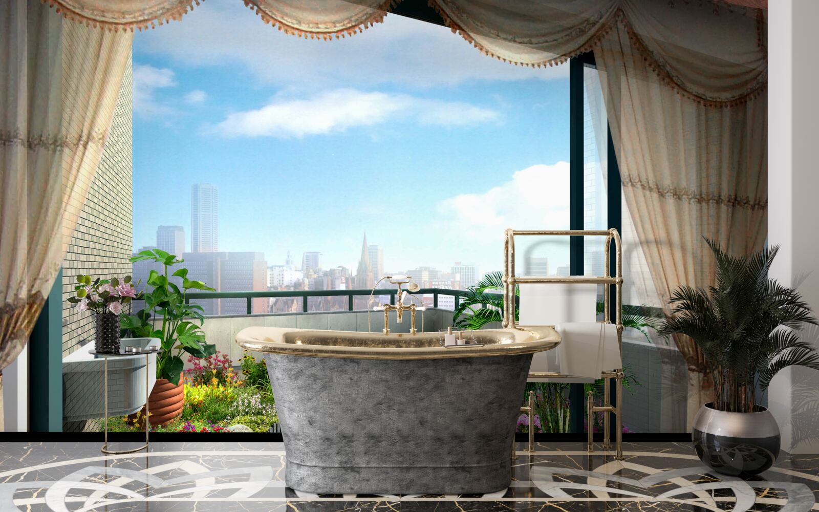 Fotobehang loggia met prachtig uitzicht op de zomerstad