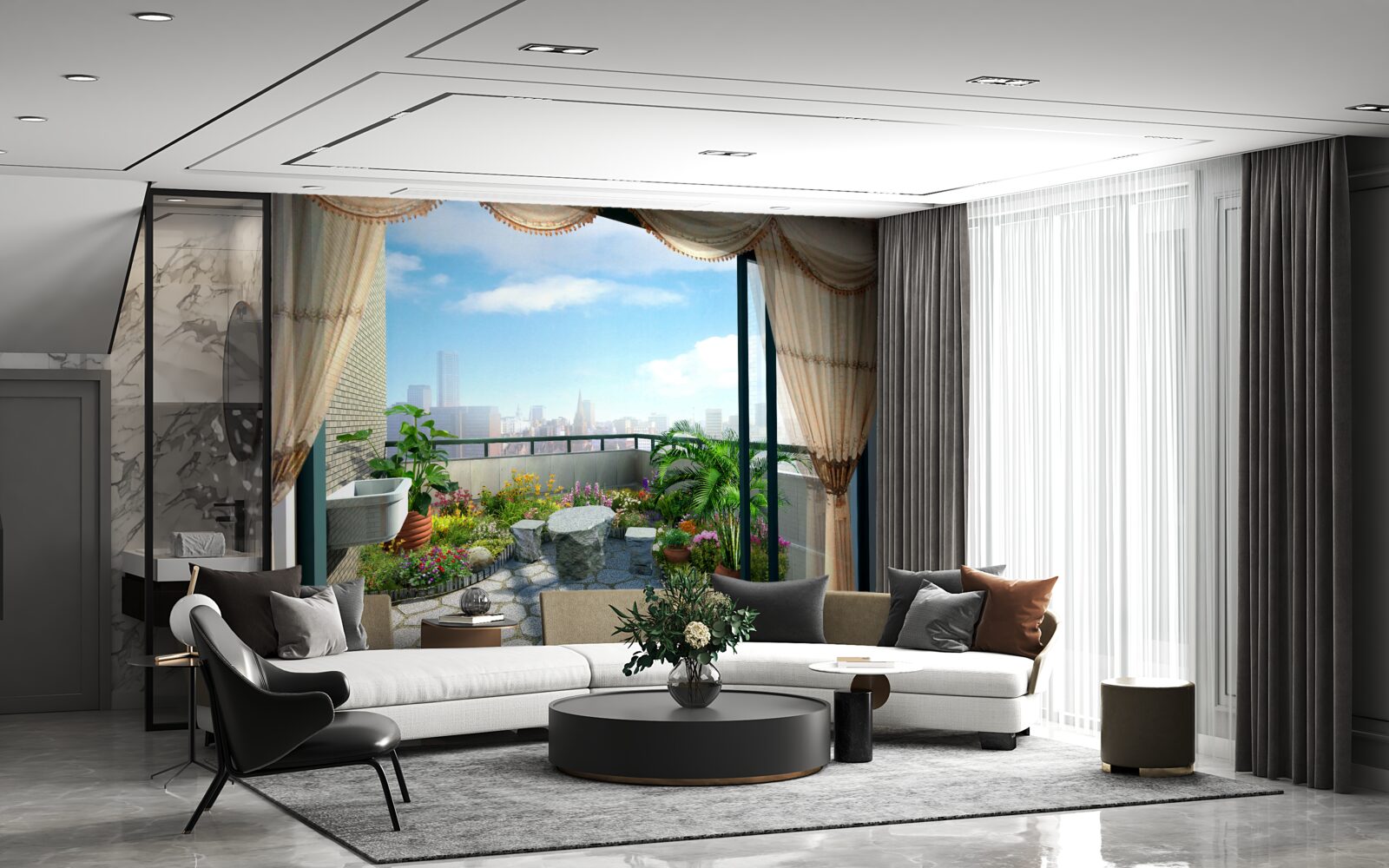 Fotobehang loggia met prachtig uitzicht op de zomerstad