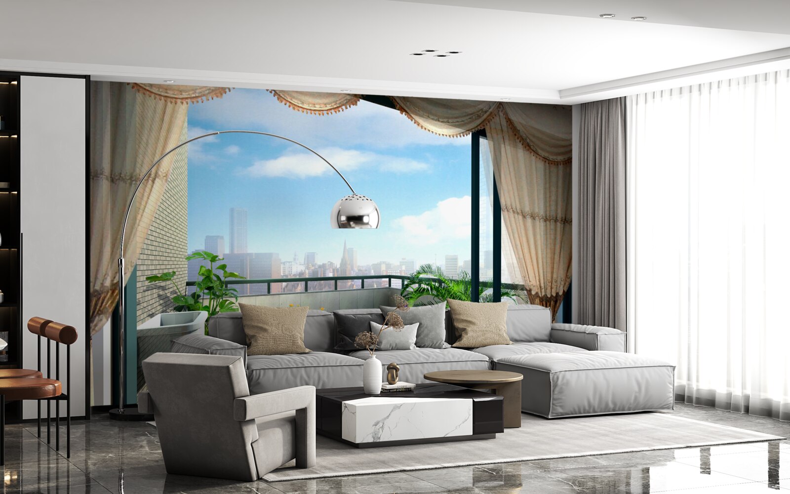 Fotobehang loggia met prachtig uitzicht op de zomerstad