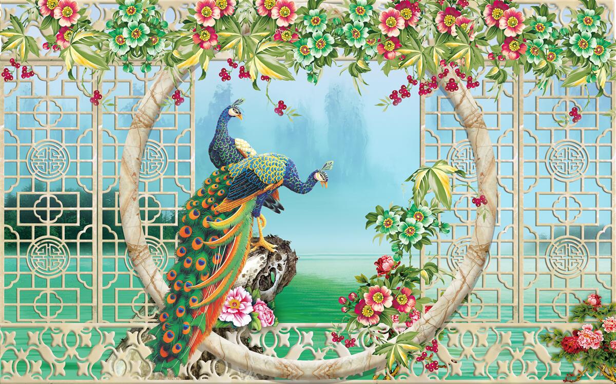 Fotobehang prachtige fazanten op een ronde brug over water