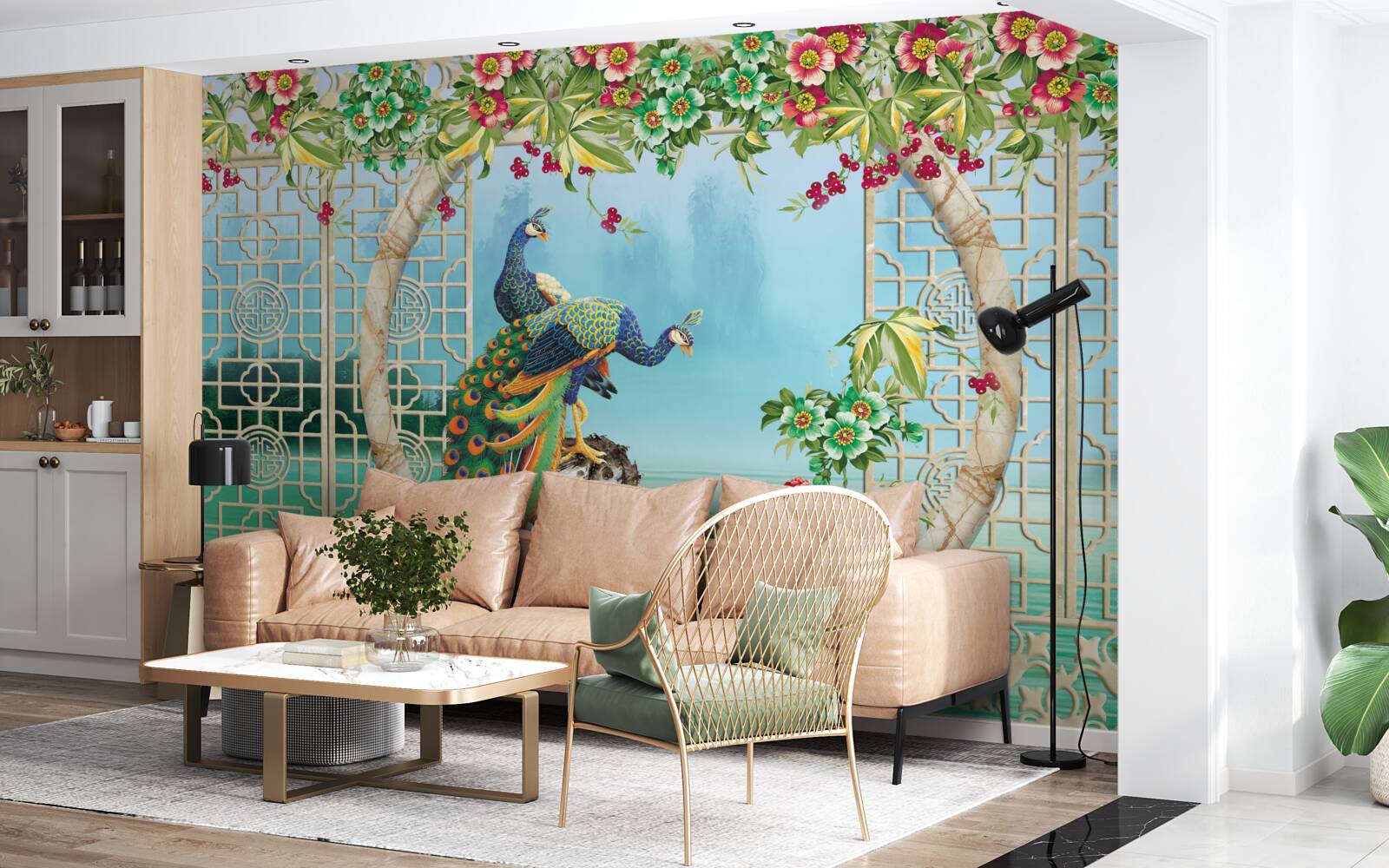 Fotobehang prachtige fazanten op een ronde brug over water